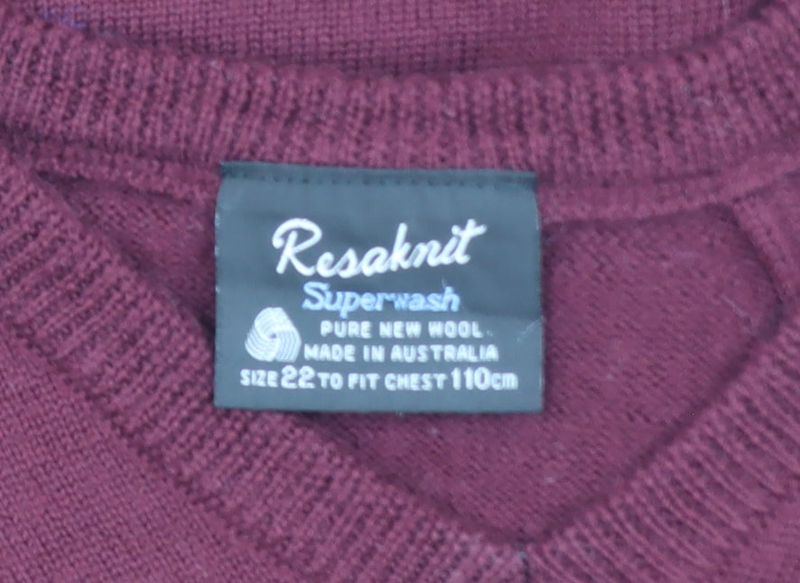 Resaknit Men Red Wool V-Neck Pullover Jumper XL