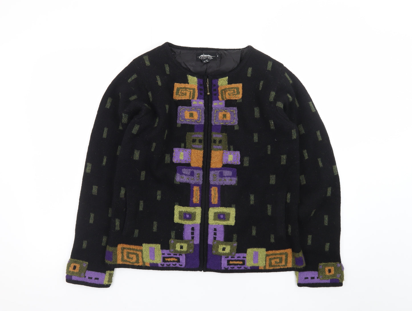 Icelandic Design Womens Black Wool Geometric Zip Cardigan S
