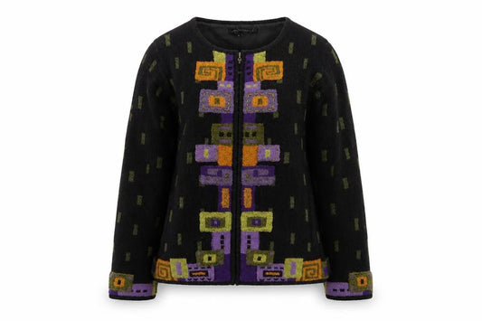 Front view of Icelandic Design women’s black wool geometric zip cardigan s