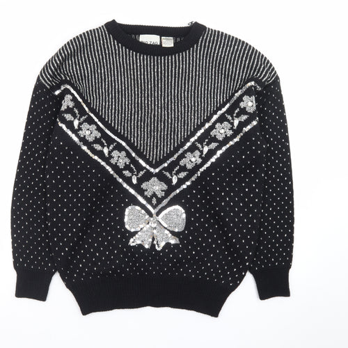 Zig Zag Womens Black Sequin Bow Retro Knit Jumper Size M