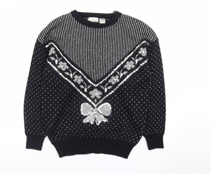 Zig Zag Womens Black Sequin Bow Retro Knit Jumper Size M