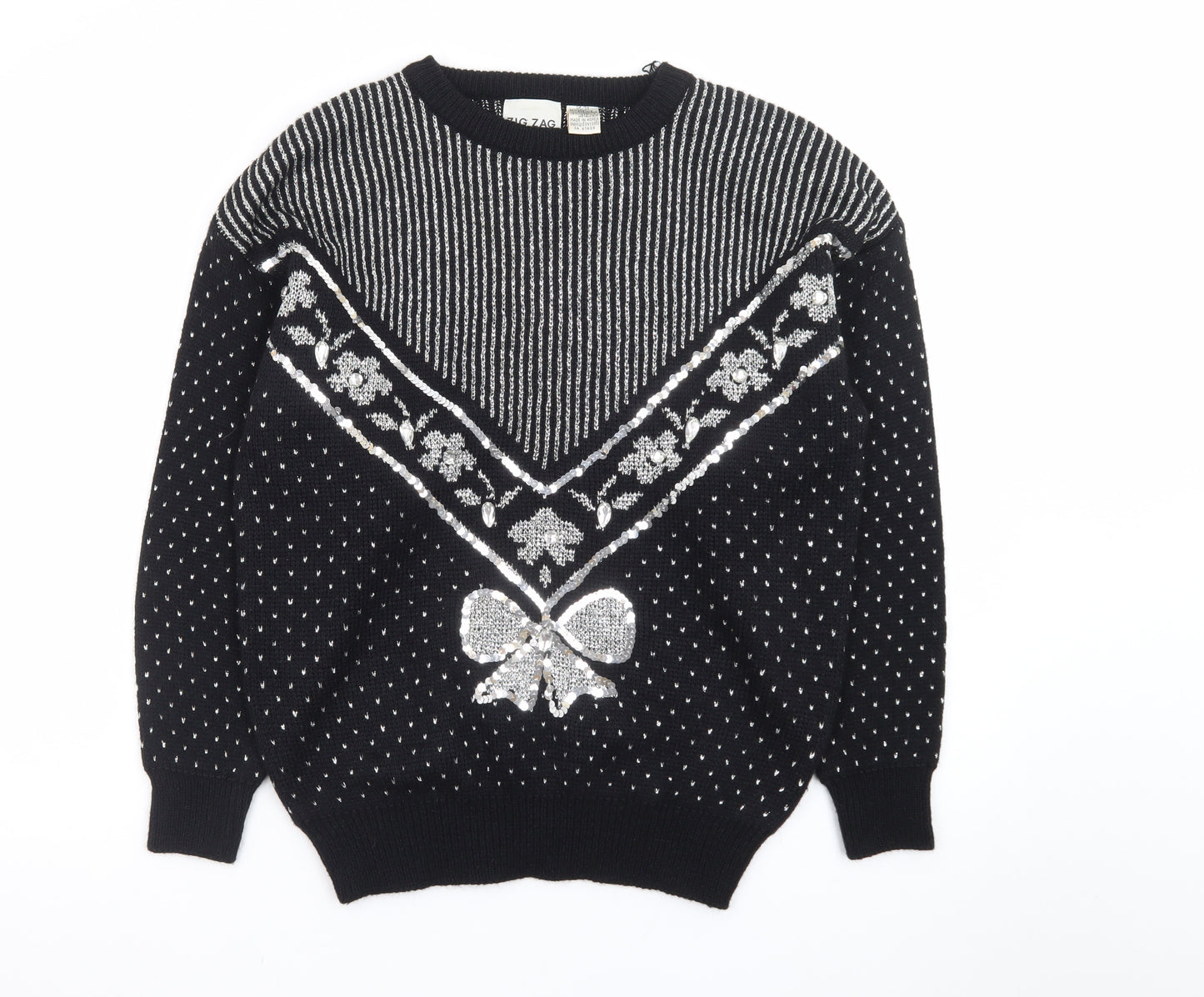 Zig Zag Womens Black Sequin Bow Retro Knit Jumper Size M