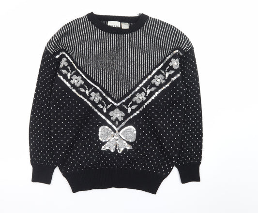 Zig Zag Womens Black Sequin Bow Retro Knit Jumper Size M