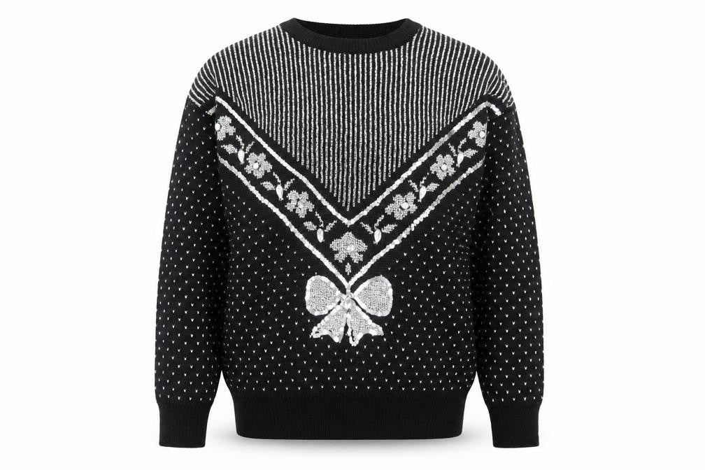 Front view of Zig Zag women’s black sequin bow retro knit jumper, size M