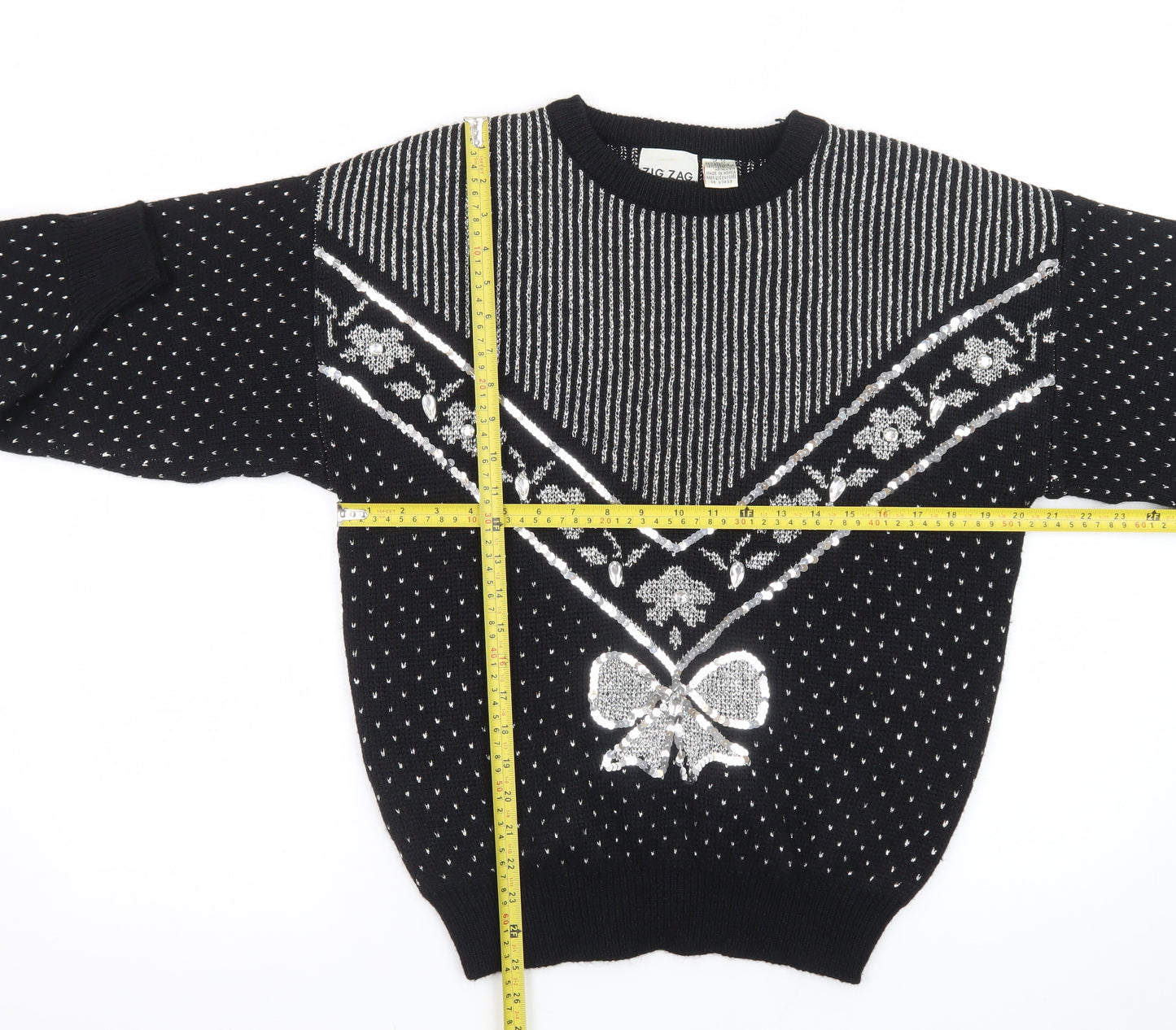 Zig Zag Womens Black Sequin Bow Retro Knit Jumper Size M
