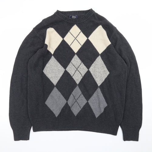 Dockers Men’s Grey Argyle Cotton Jumper XL Crew Neck Sweater