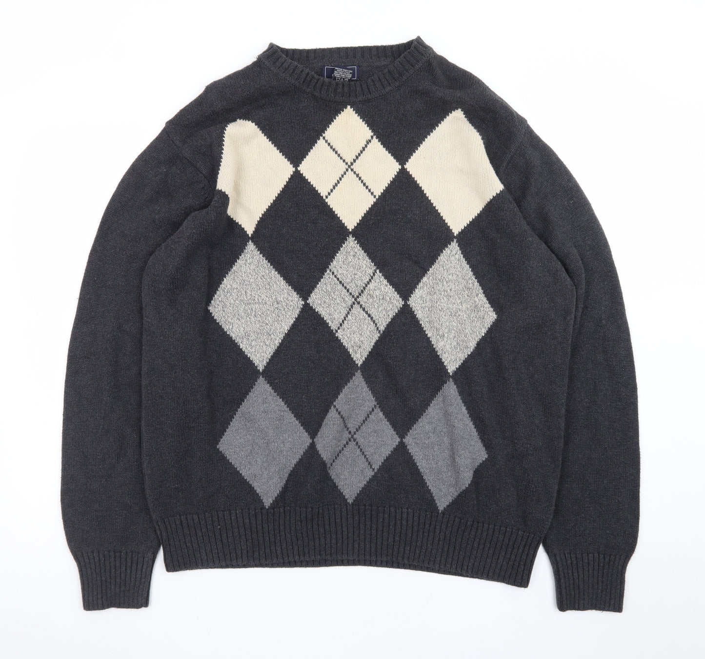 Dockers Men’s Grey Argyle Cotton Jumper XL Crew Neck Sweater