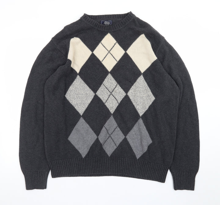 Dockers Men’s Grey Argyle Cotton Jumper XL Crew Neck Sweater