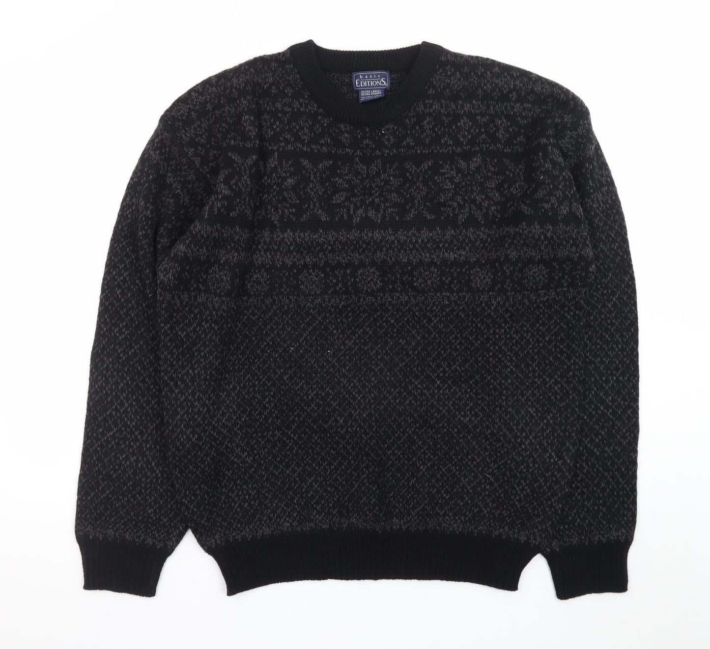 Basic Editions Men Black XL Fair Isle Acrylic Pullover Jumper