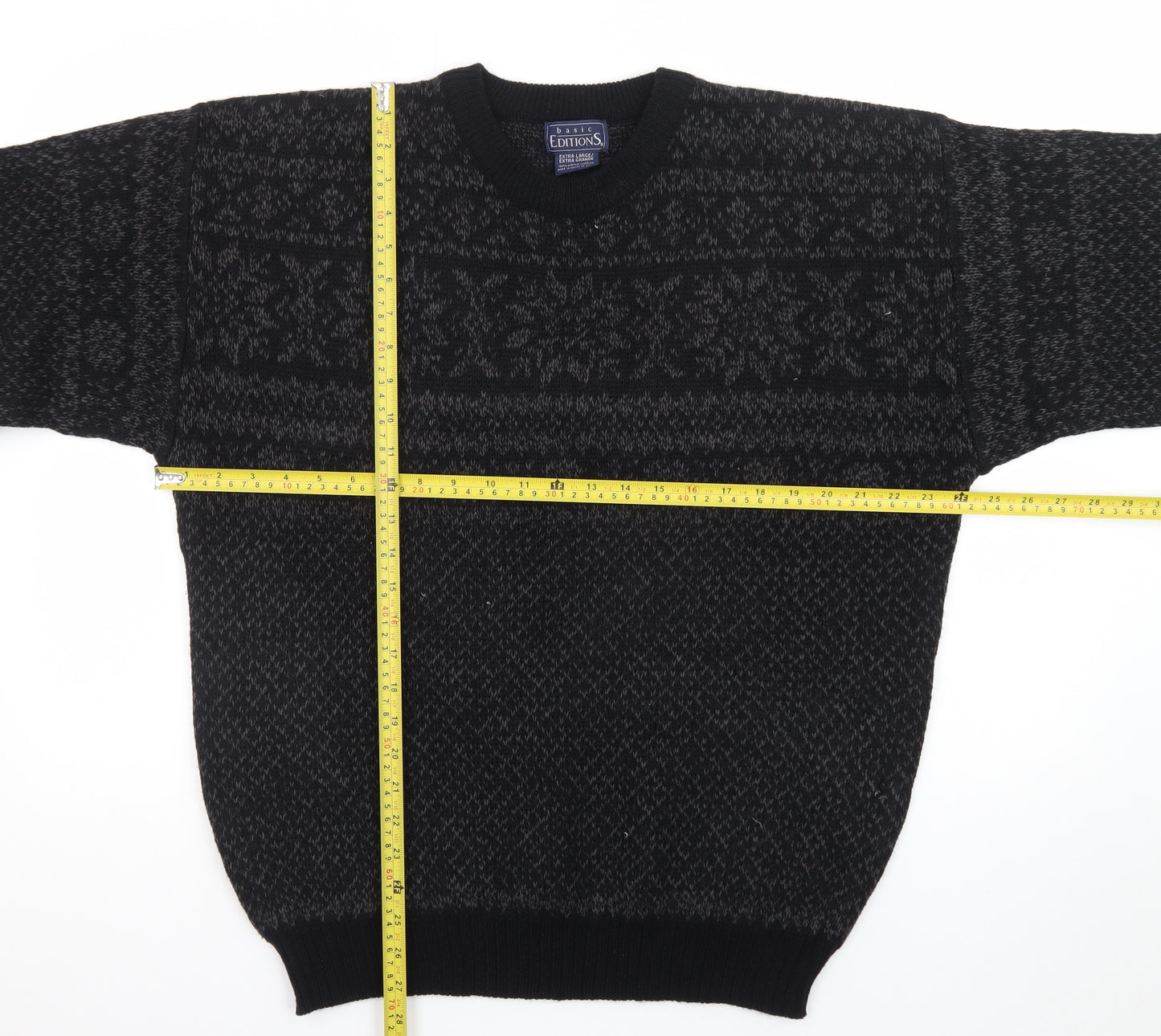 Basic Editions Men Black XL Fair Isle Acrylic Pullover Jumper