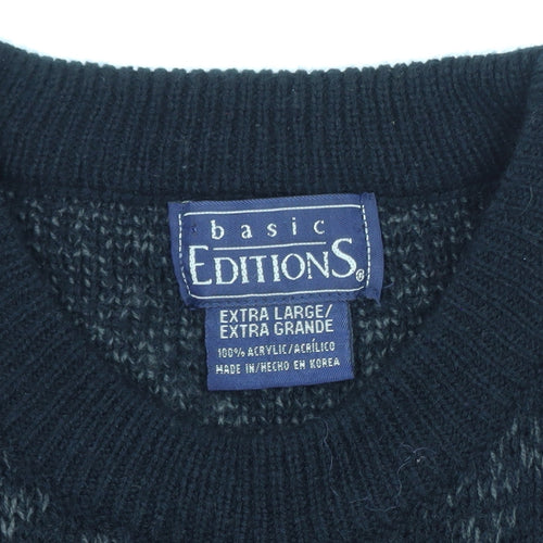 Basic Editions Men Black XL Fair Isle Acrylic Pullover Jumper