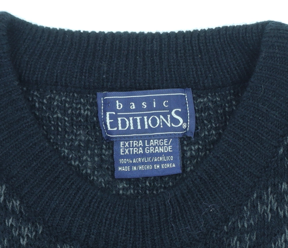 Basic Editions Men Black XL Fair Isle Acrylic Pullover Jumper