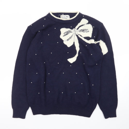 Alfred Dunner Women’s Navy Bow Pullover Jumper Size M Acrylic Knit
