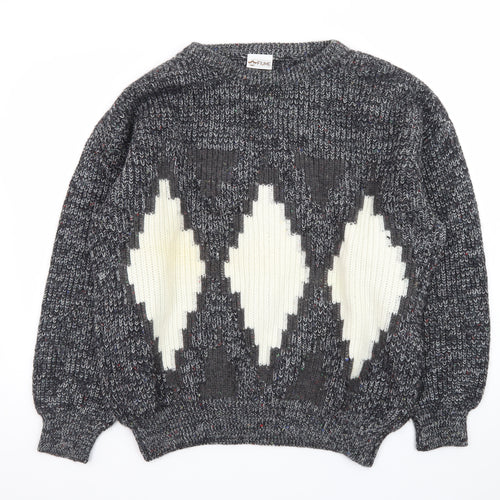 Fiume Men's Grey Argyle Wool Blend Chunky Knit Pullover Jumper XL