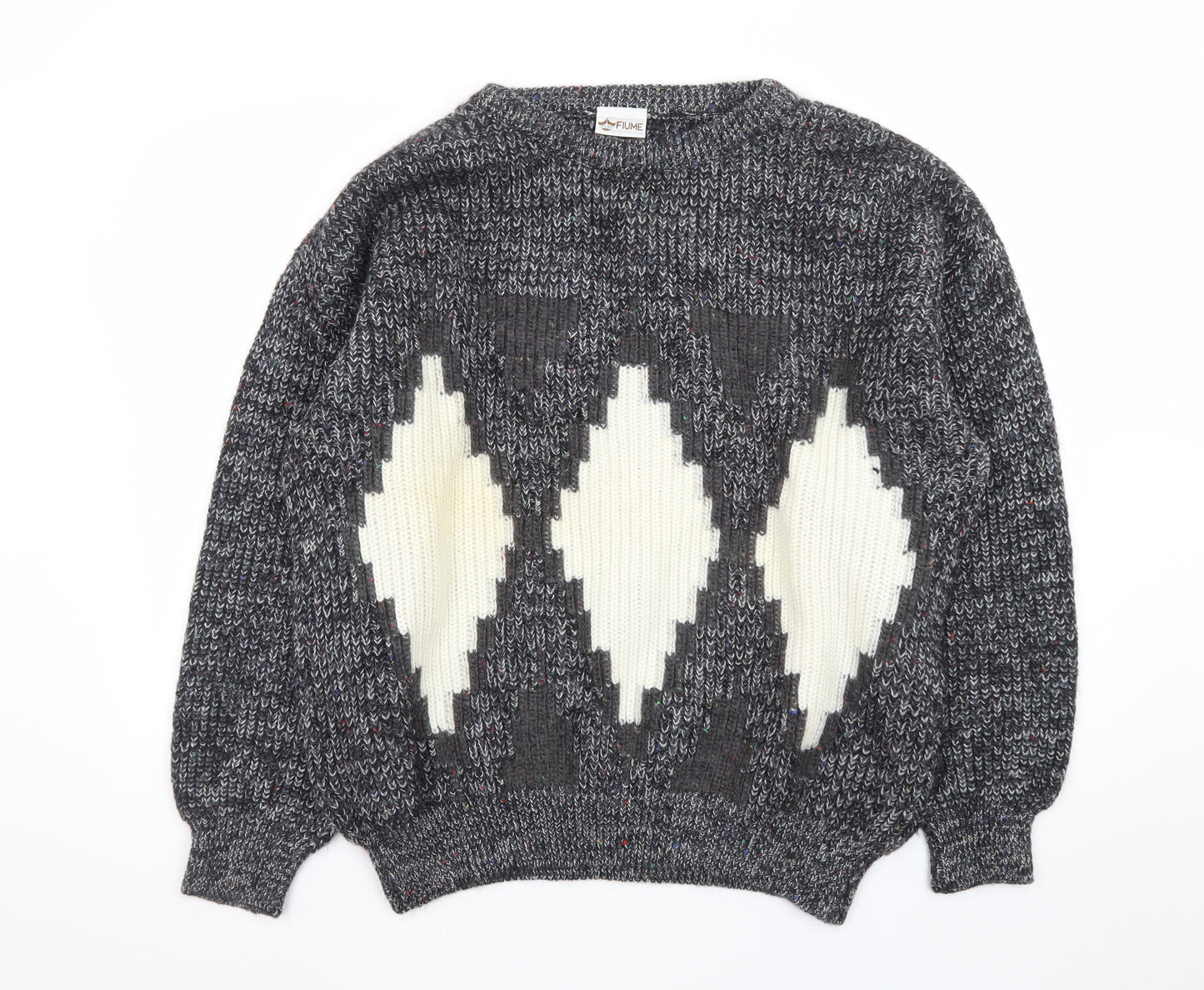Fiume Men's Grey Argyle Wool Blend Chunky Knit Pullover Jumper XL
