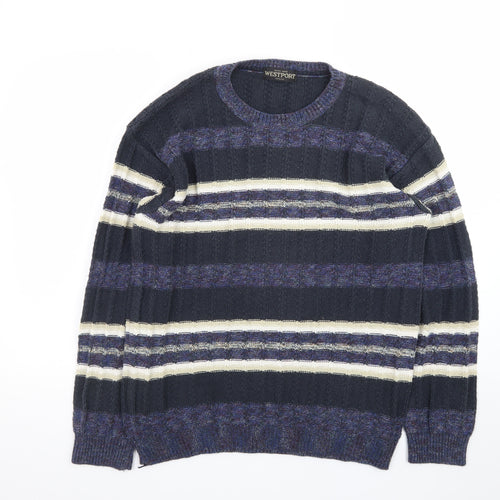 Westport Men's Blue Striped Cotton Blend Pullover Jumper Medium