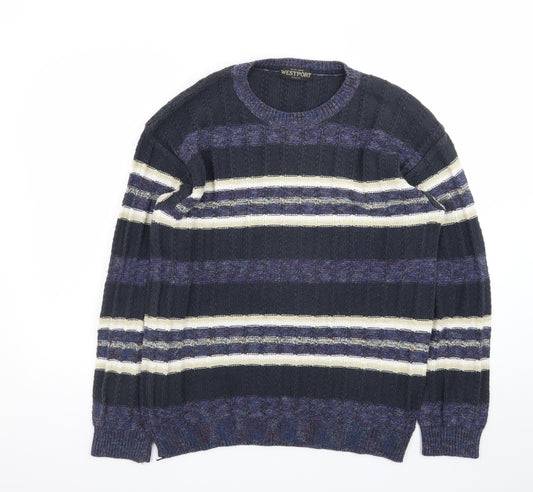 Westport Men's Blue Striped Cotton Blend Pullover Jumper Medium