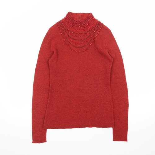 Dressbarn Women Red Beaded High Neck Long Sleeve Pullover Jumper L