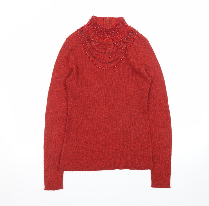 Dressbarn Women Red Beaded High Neck Long Sleeve Pullover Jumper L