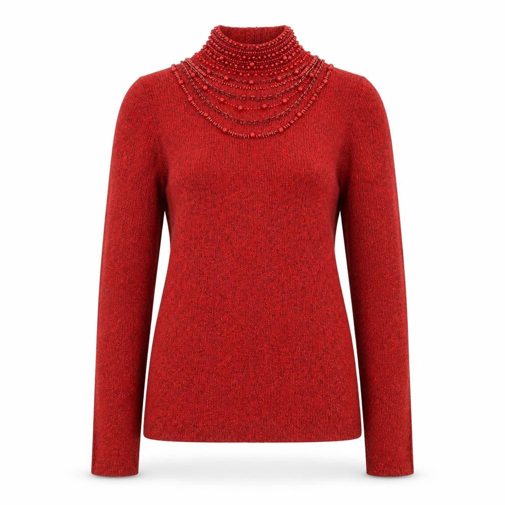 Front view of Dressbarn Women Red Beaded High Neck Long Sleeve jumper L