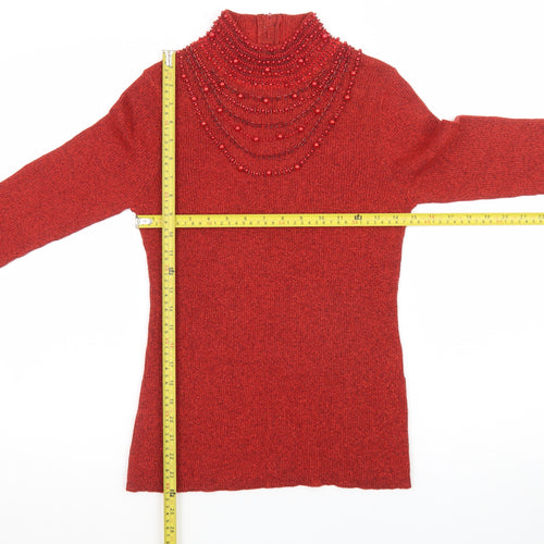 Dressbarn Women Red Beaded High Neck Long Sleeve Pullover Jumper L