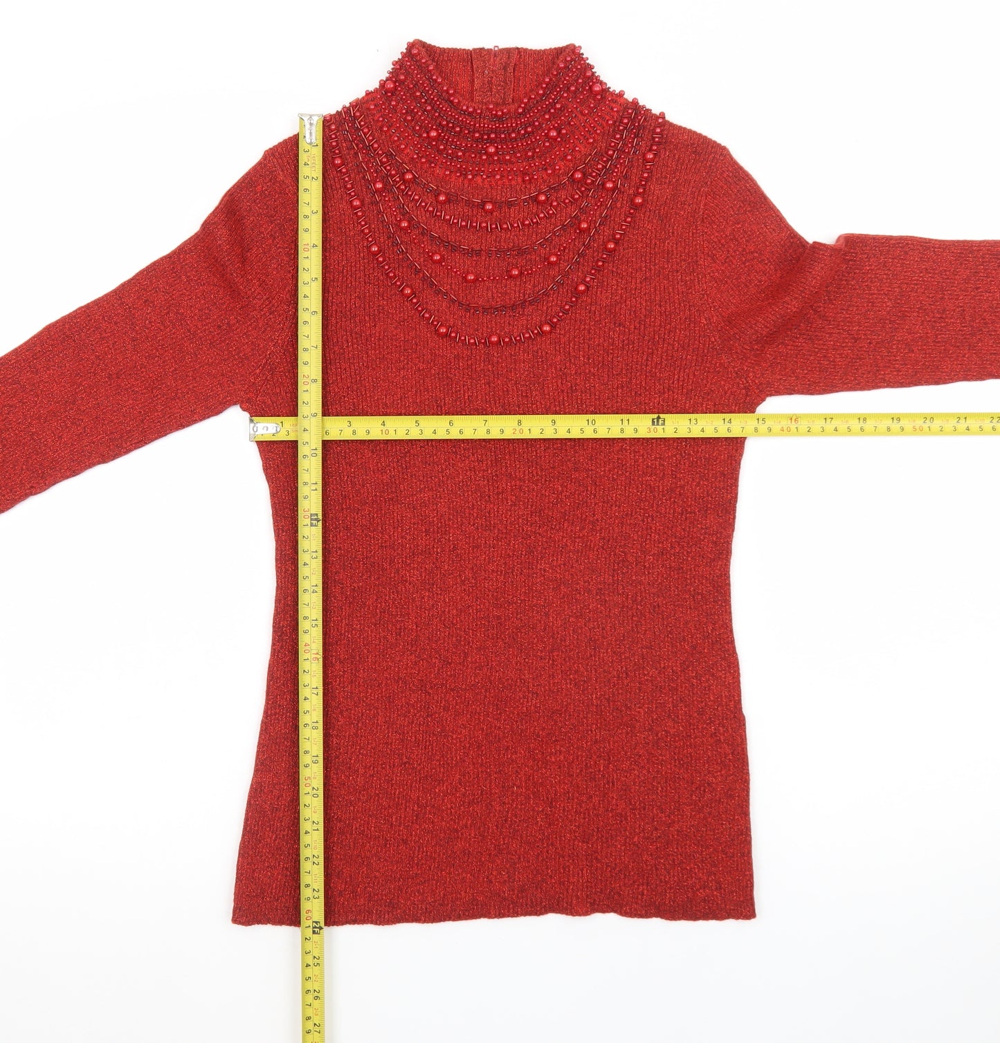 Dressbarn Women Red Beaded High Neck Long Sleeve Pullover Jumper L