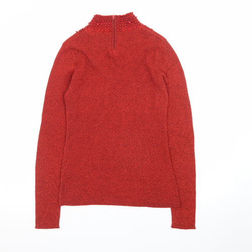 Dressbarn Women Red Beaded High Neck Long Sleeve Pullover Jumper L