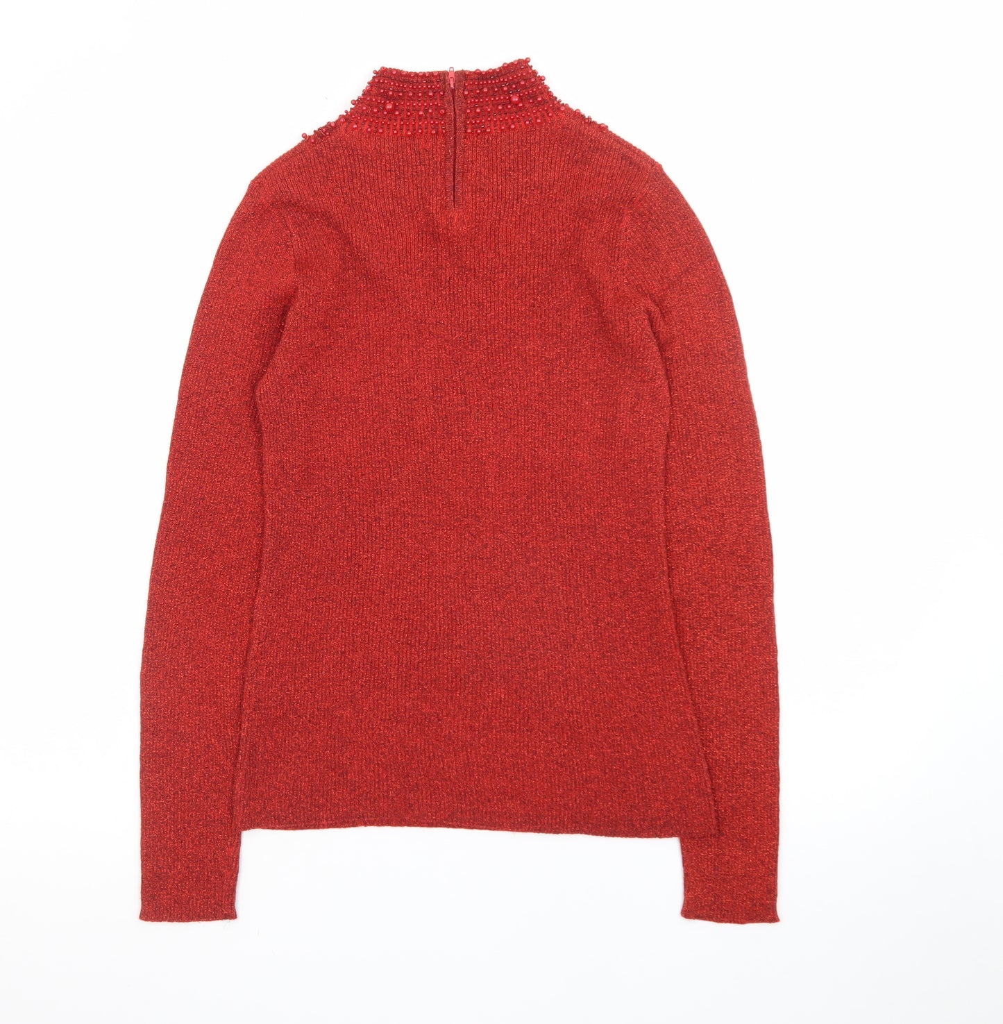 Dressbarn Women Red Beaded High Neck Long Sleeve Pullover Jumper L