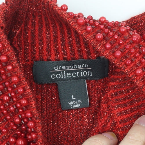 Dressbarn Women Red Beaded High Neck Long Sleeve Pullover Jumper L