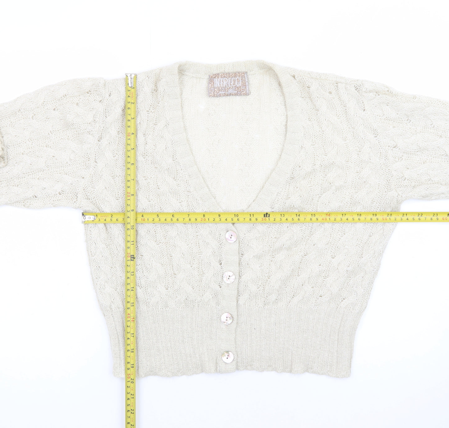 INTRECCI Women Ivory Mohair Blend Cable Knit Cardigan L