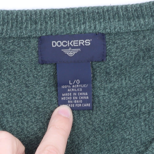 Dockers Men Green Acrylic V-Neck Pullover Jumper Size L