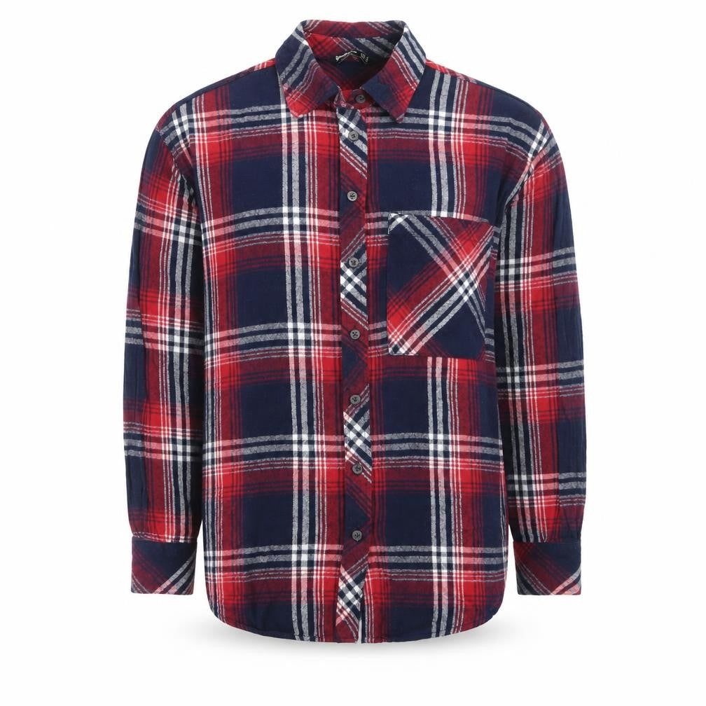 Front view of Stradivarius men’s red plaid flannel button-up shirt, size S