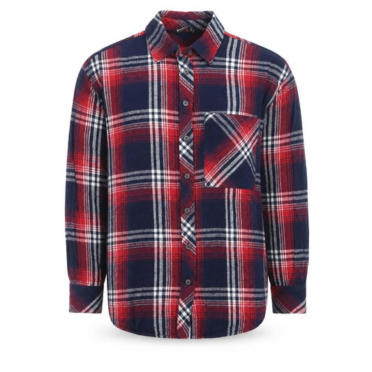 Front view of Stradivarius men’s red plaid flannel button-up shirt, size S