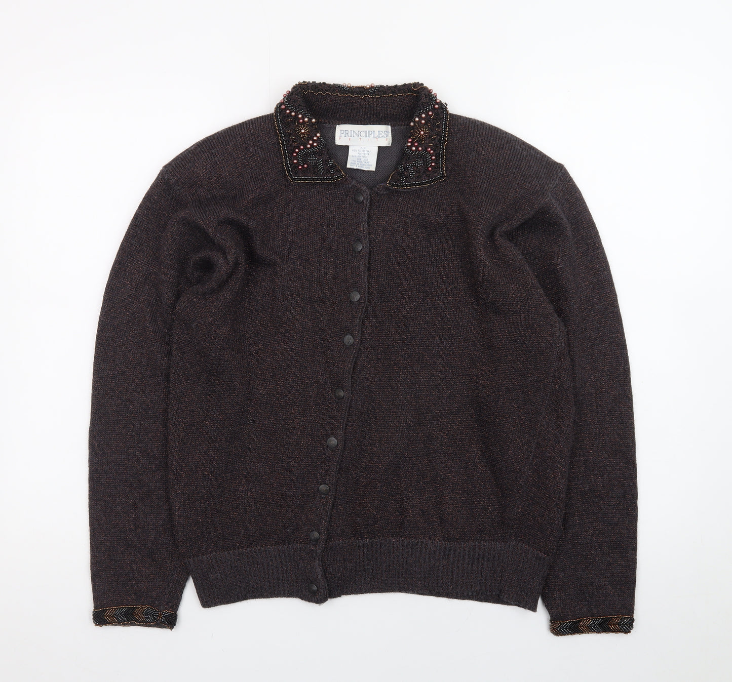 Principles Women’s Brown Beaded Collared Petite Cardigan M
