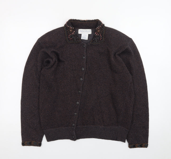 Principles Women’s Brown Beaded Collared Petite Cardigan M