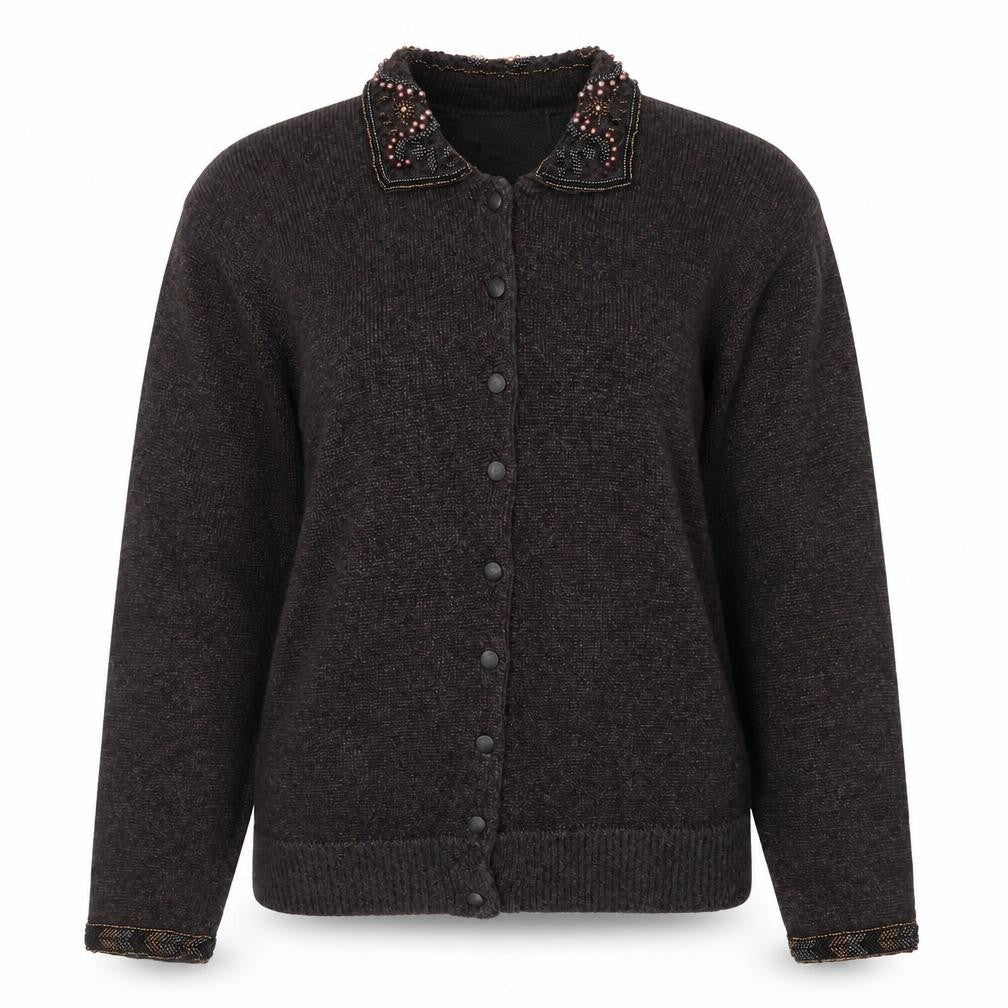 Front view of Principles Women’s Brown Beaded Collared Petite Cardigan M