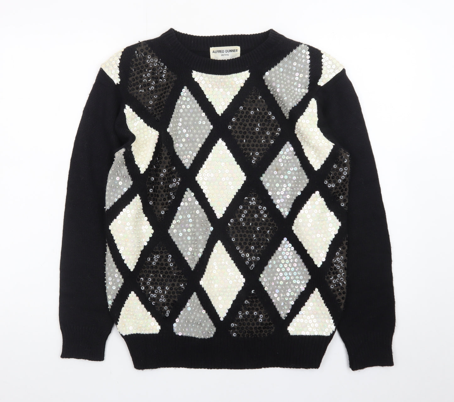 Alfred Dunner Women's Petite M Black Sequin Argyle Knit Jumper