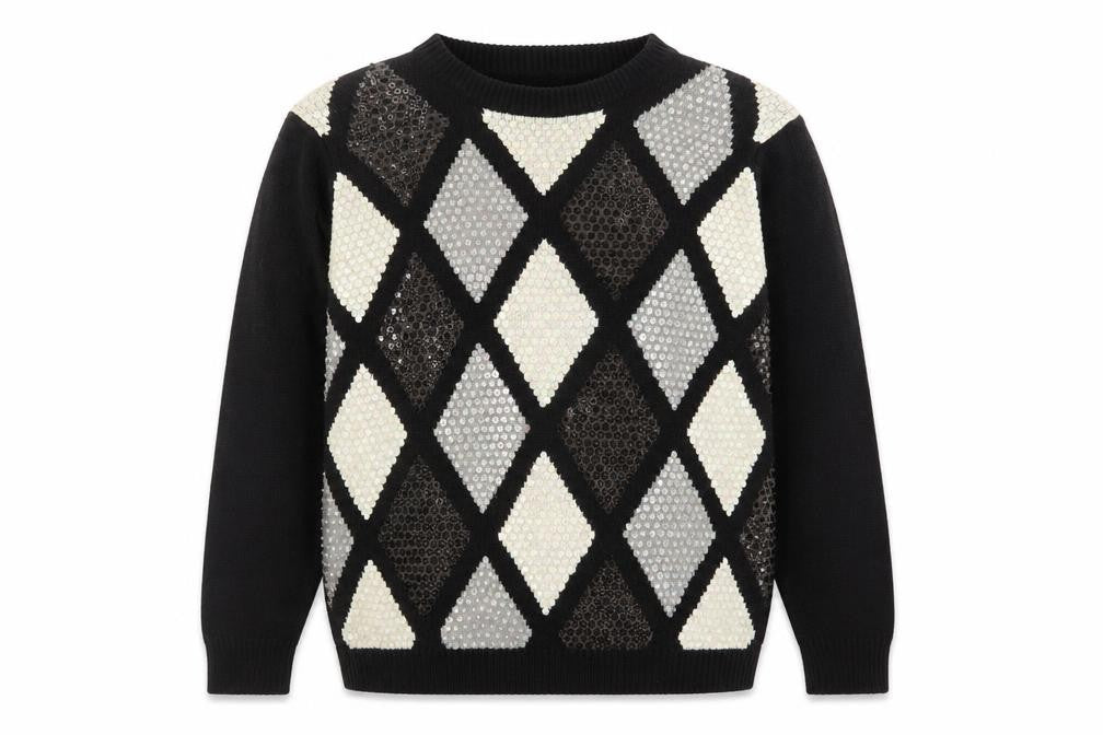 Front view of Alfred Dunner Women's Petite M Black Sequin Argyle Knit Jumper