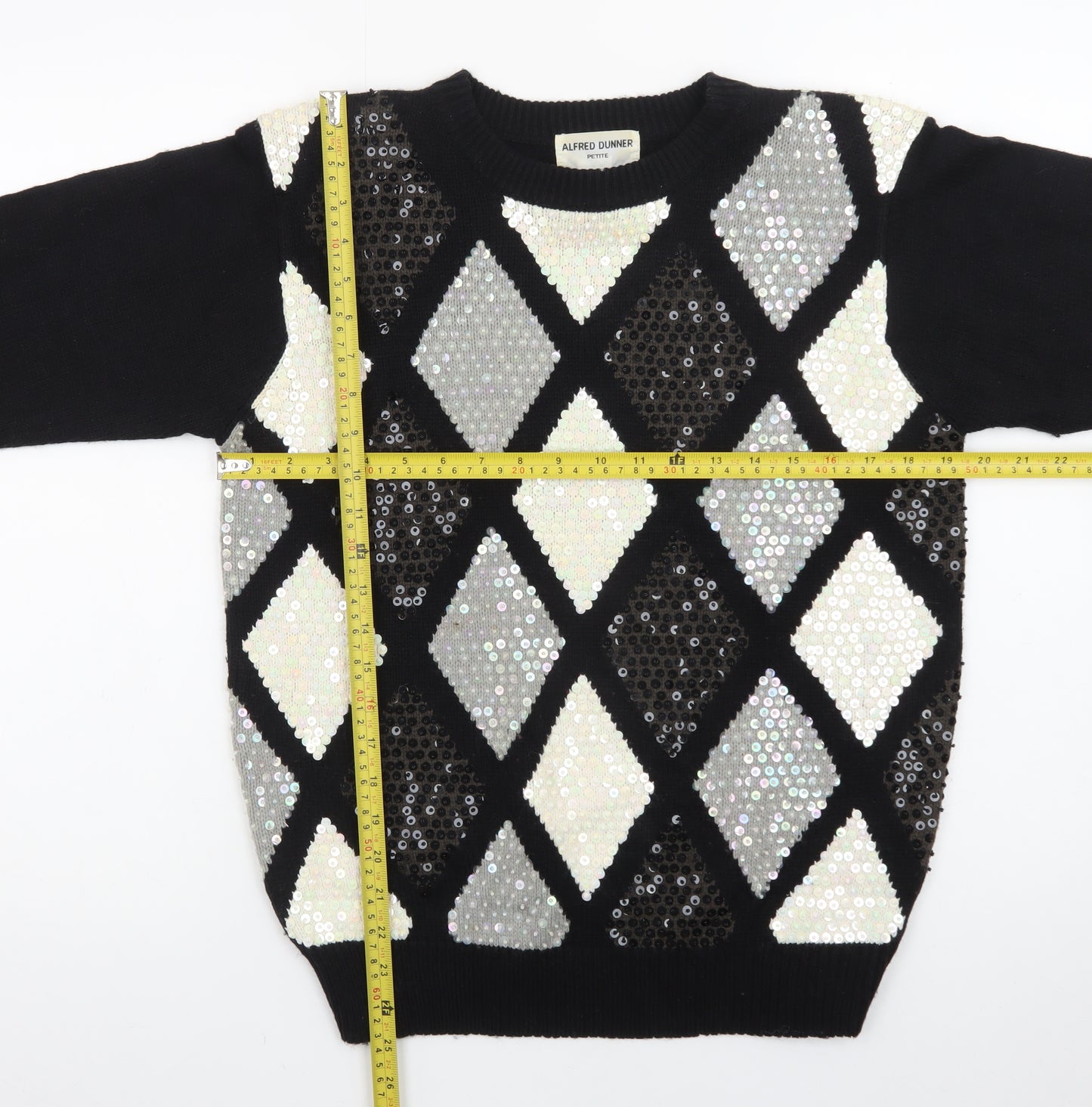 Alfred Dunner Women's Petite M Black Sequin Argyle Knit Jumper