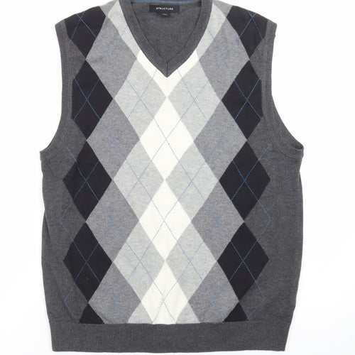 Structure Men's Grey Argyle V-Neck Sleeveless Knit Jumper Vest M