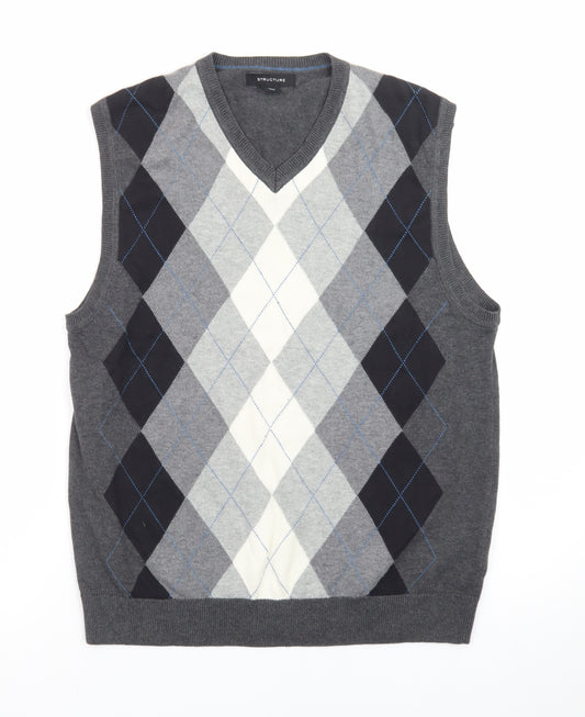 Structure Men's Grey Argyle V-Neck Sleeveless Knit Jumper Vest M