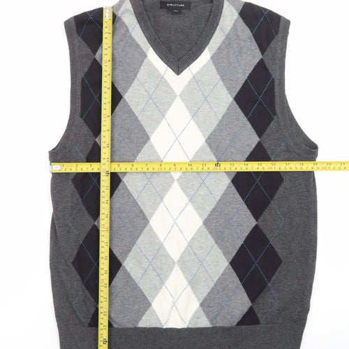 Structure Men's Grey Argyle V-Neck Sleeveless Knit Jumper Vest M