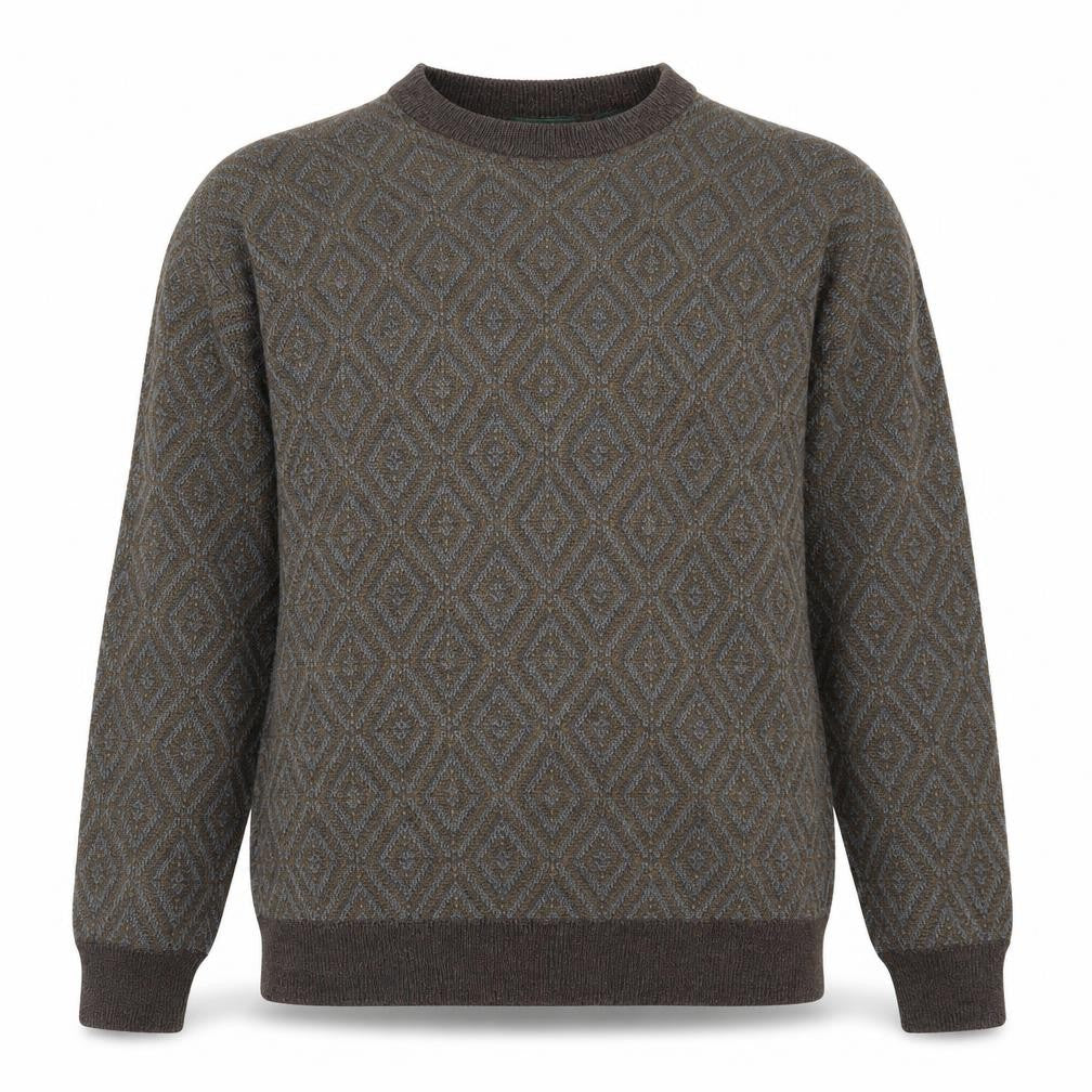 Front view of Hill & Archer Men's Brown Grey Diamond Pattern Acrylic Jumper, size L