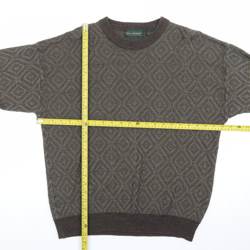 Hill & Archer Men's Brown Grey Diamond Pattern Acrylic Jumper Size L
