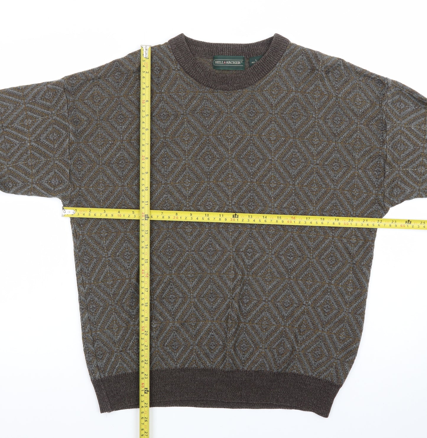 Hill & Archer Men's Brown Grey Diamond Pattern Acrylic Jumper Size L