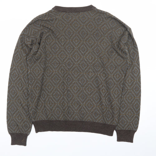 Hill & Archer Men's Brown Grey Diamond Pattern Acrylic Jumper Size L