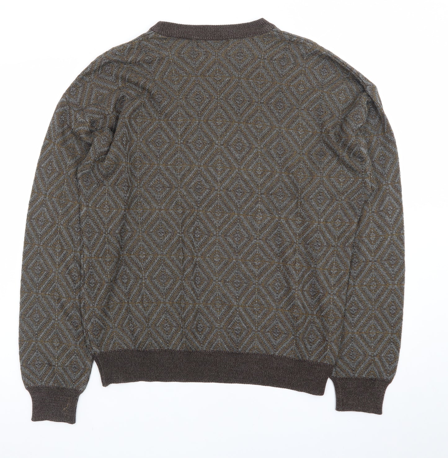 Hill & Archer Men's Brown Grey Diamond Pattern Acrylic Jumper Size L