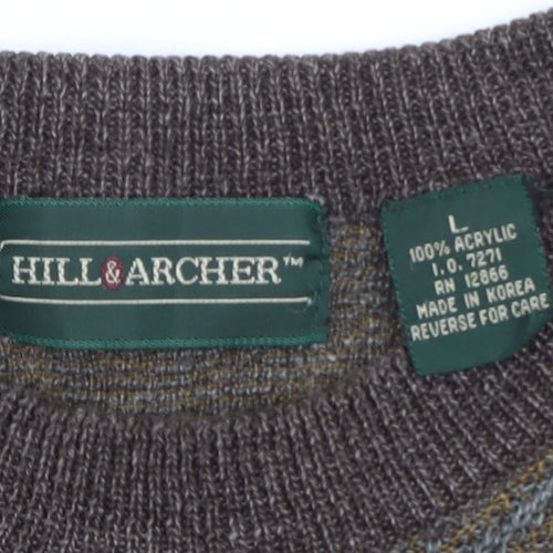 Hill & Archer Men's Brown Grey Diamond Pattern Acrylic Jumper Size L
