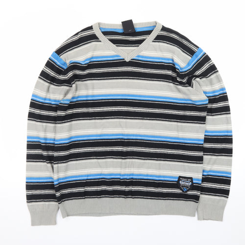 Burnside Men's Blue Striped Cotton V-Neck Jumper Size L