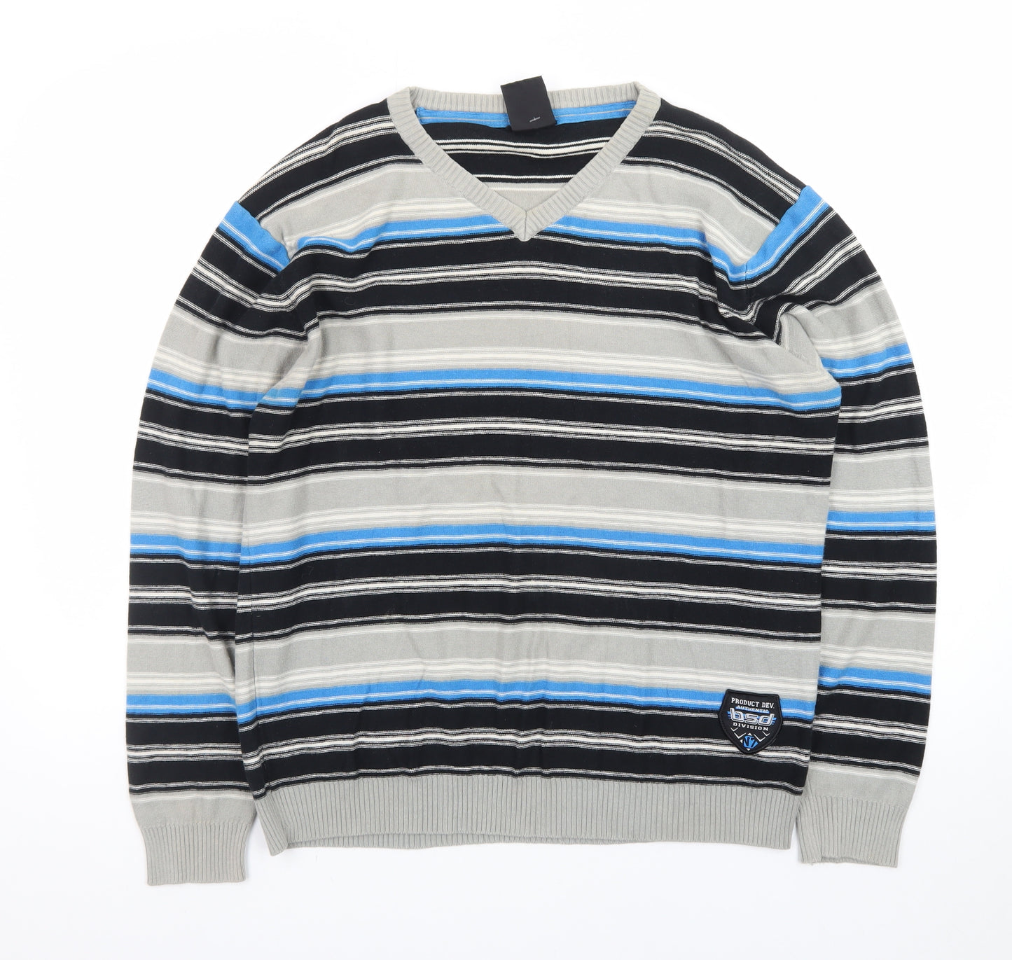 Burnside Men's Blue Striped Cotton V-Neck Jumper Size L